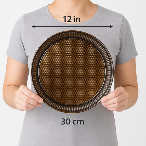 Alisveristime Round Hammered Metal Serving Tray – Ottoman Style, (11.8" Diameter, 12.6 oz) 5 Color Options (Antique Green) - color: Antique Green