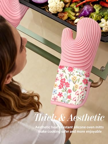 Slohif Long Silicone Oven Mitts Heat Resistant for Women - 2 Pcs Pink-Green Flower 100% Cotton Oven Gloves, Non-Slip and Waterproof Silicone Oven Mitts with Hanger for Baking and Cooking - color: Pink Green Flower