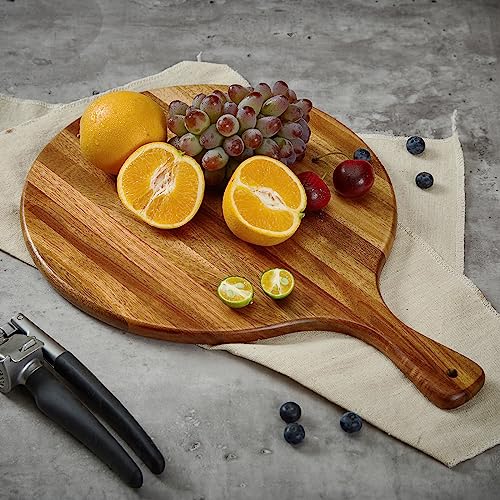 Acacia Wood Round Cutting Board with Handle - Wooden Charcuterie Board, Versatile Cutting Serving Board for Pizza, Bread, Cheese, Vegetables, and Kitchen Decor, 16"x12" - size: 16.5"L x 11.8"W