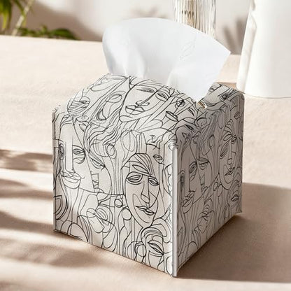 Abstract Line Art Tissue Box Holder, Modern Black White Faces Leather Tissue Box Cover Square, Paper Napkins Everyday Dispenser for Bathroom Night Stands Kitchen Office Car Home Decor