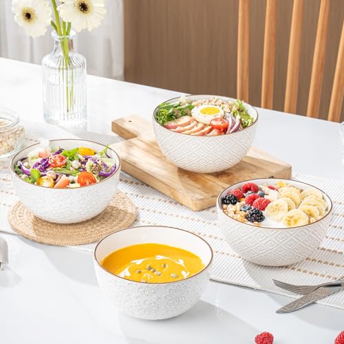 26 oz Ceramic Soup Bowls, Cereal Bowls Set of 4 – Oven & Microwave Safe French Onion Soup Bowls, Unique Embossed Patterns, Dishwasher Safe for Soups, Stews & Desserts