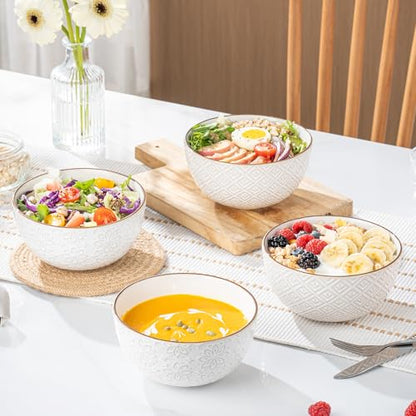 26 oz Ceramic Soup Bowls, Cereal Bowls Set of 4 – Oven & Microwave Safe French Onion Soup Bowls, Unique Embossed Patterns, Dishwasher Safe for Soups, Stews & Desserts