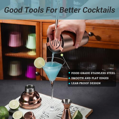 Cocktail Shaker Set Bartender Kit with Stand, 12 Piece Bar Set Drink Mixer Set with Stainless Steel Bar Accessories Tools: 25oz Martini Shaker Jigger Strainer Spoon Muddler for Cocktails (Rose Gold) - color: Rose Gold