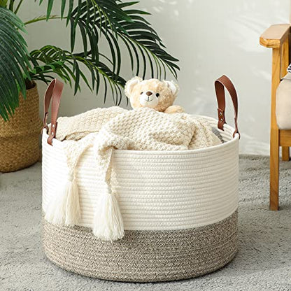 KAKAMAY Large Blanket Basket (20"x13"),Woven Baskets for storage Baby Laundry Hamper,Cotton Rope Blanket Basket for Living Room, Laundry, Nursery, Pillows, Baby Toy chest (White/Beige) | Extra Large Capacity | Natural Cotton Rope | Blanket Storage | Woven