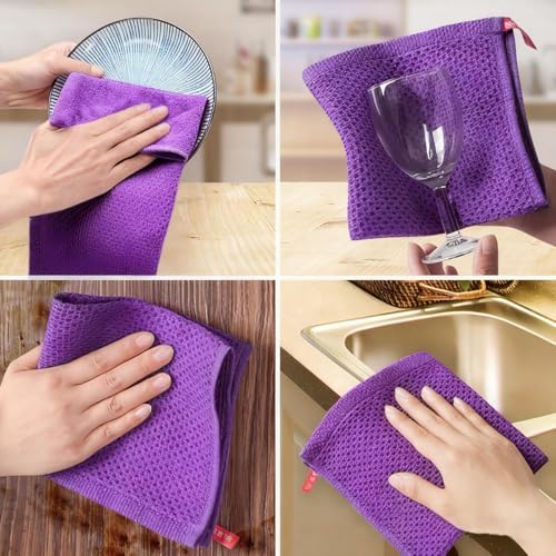 100% Cotton Waffle Weave Kitchen Dish Cloths, 6 Pack Ultra Soft Absorbent, Quick Drying Dish Towels, 12x12 Inches, Dish Rags for Drying Dishes & Daily Kitchen Use (Purple) - color: Purple