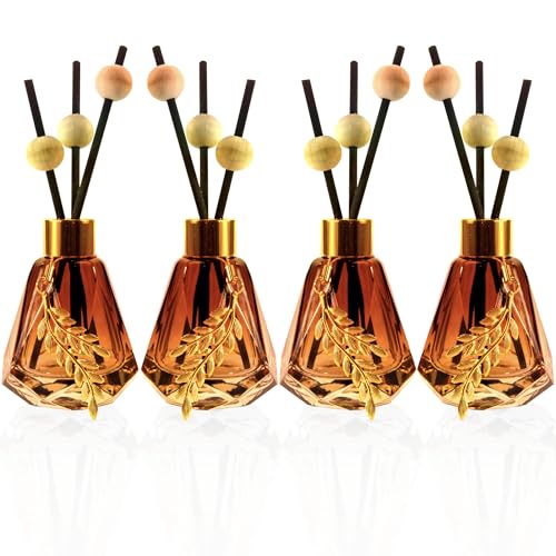Meinvcisi 4 Empty Fragrance Glass Diffuser Bottles, Refillable Diffuser Bottles with 20pcs Reeds Sticks &12 Wood Balls&4 Metal Leaves, Reed Diffuser Set, Diamond Style,60ML, Gradient Brown.