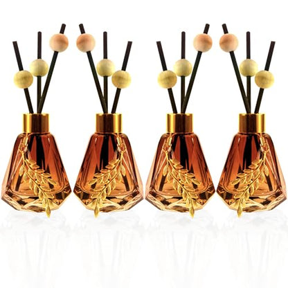 Meinvcisi 4 Empty Fragrance Glass Diffuser Bottles, Refillable Diffuser Bottles with 20pcs Reeds Sticks &12 Wood Balls&4 Metal Leaves, Reed Diffuser Set, Diamond Style,60ML, Gradient Brown.