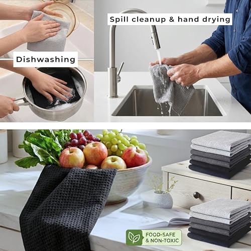 Kitchen Dish Cloths for Washing Dishes - Waffle Weave Cotton Dish Rag Towel - 13"x13" Set of 4+4+4 - Light + Dark Gray + Black Kitchen Washcloth Dishcloth Dishrag Dishtowel Wash Cloth - color: Light Gray - Dark Gray - Black, size: 13"x13" Set of 4+4+4