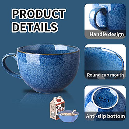 KOOV Ceramic Soup Mug with Handles, Large Coffee Mug, 24 Ounce Big Mug Microwave Safe, Coffee Mugs Set of 4, Reactive Glaze (Reactive Blue) - color: Reactive Blue