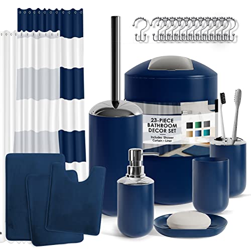 Clara Clark Bathroom Set - Navy Bathroom Accessories Set, Bathroom Sets with Shower Curtain and Rugs, 23PC Shower Curtain Set with Liner, Soap Dispenser, Soap Dish, Toilet Brush Holder, and Trash Can - color: Navy, size: Complete Set + Bath Rugs