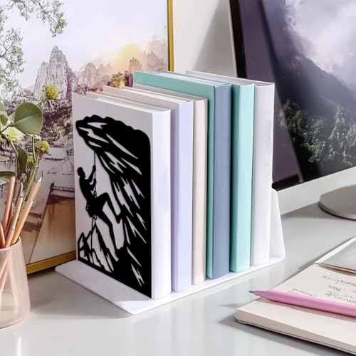 5.3"x4.3"x7.9" Metal Bookends, Heavy Duty Book Ends for Shelves | Rock Climbing Theme Cast Iron Book Supports, 1 Pair Decor Stoppers for Desk, Library, Office & Home Shelves - style: Rock Climbing