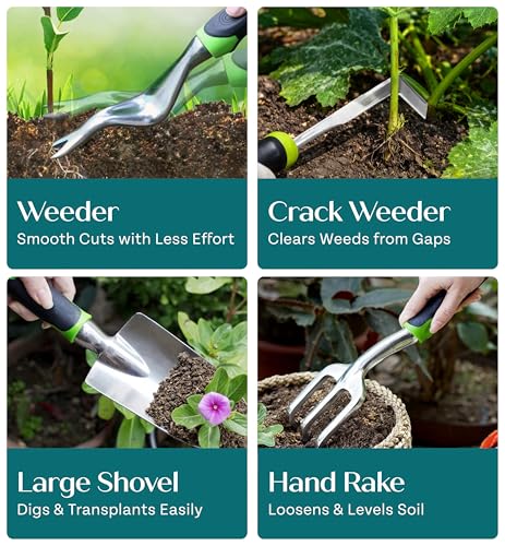 Heavy Duty Gardening Tools - Gardening Gifts for Women, Men, Mom, Dad - Durable, Ergonomic Garden Tools Set (Green) - style: Standard