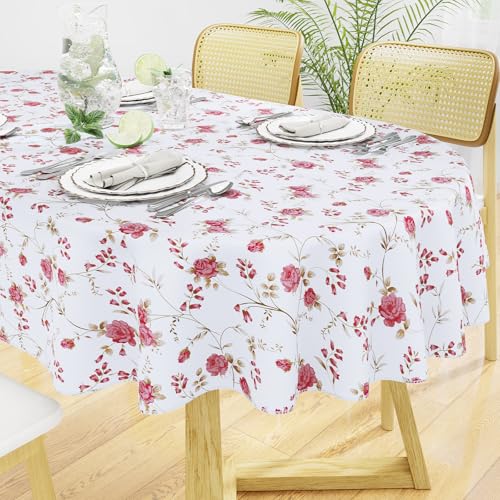 Oval Waterproof Vinyl Table Cloth, Wipeable Tablecloth with Flannel Backing, Plastic Table Cover for Dinner, Picnic, Indoor and Outdoor (Pink Flowers, 52" x 70") - color: Pink and White, size: 70" x 52" (Oval)