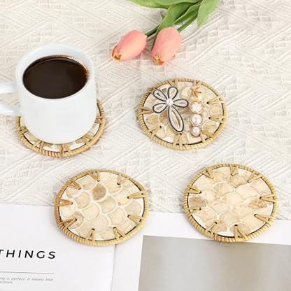 Coastal Coasters Set of 6, Boho Coaster Set with Holder - Cup Mat for Coffee Table, Boho Coaster Home Décor Accents, Heat Insulation, Rattan & Mother of Pearl Coasters, 4 Inch(Fish Scale) - style: Fish Scale
