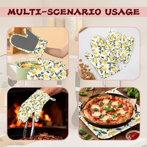 Retro Lemon Floral Silicone Oven Mitts and Pot Holders,Heat-Resistant 4 Piece Kitchen Set Non-Slip Oven Gloves and Hot Pads for Cooking, Baking, Grilling,BBQ - color: Retro Lemon Floral
