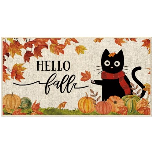 Dlzdn Hello Fall Cat Door Mat Fall Pumpkin Cat Decorative Doormat Seasonal Holiday Non-Slip Rubber Backed Entryway Rugs for Indoor Outdoor Entrance Floor 16 x 30 Inch