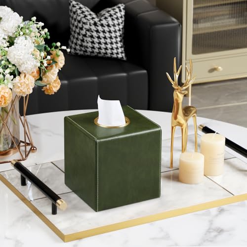 Square Tissue Box Cover with Magnetic Closure, Dark Green | Luxury PU Leather Tissue Holder with Gold Tone Metal Opening, Fits All Standard Cube Tissue Boxes - color: Dark Green