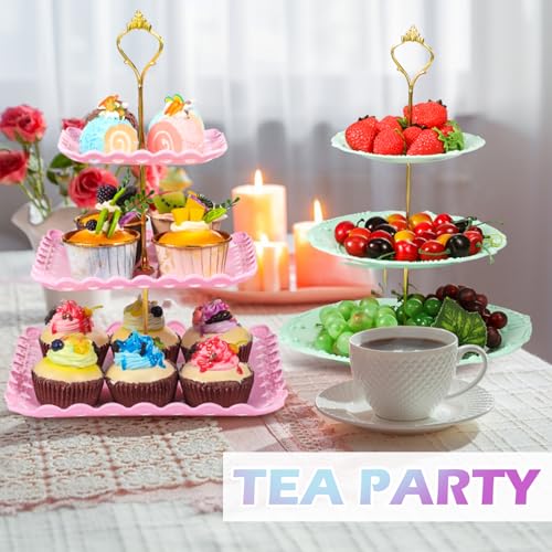 6 Pcs 3 Tier Cupcake Stand Tea Party Trays 3 Tier Serving Tray Plastic Dessert Stand Cake Fruit Candy Display Tower for Wedding Birthday Tea Party (Round,Square,White,Pink,Green) - color: White,pink,green, size: Round,Square