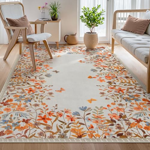 Wonnitar 4x6 Washable Area Rug, Orange Floral Rug for Bedroom, Boho Botanical Entryway Rug, Non Slip Soft Kitchen Carpet, Ultra Thin Cottagecore Home Office Decor (4x6 Orange) - color: Orange, size: 4' x 6' (Rectangular)