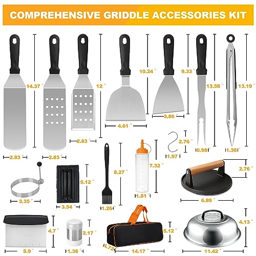 Griddle Accessories Kit, Terlulu 29 PCS Flat Top Grill Accessories for Blackstone and Camp Chef, Metal Spatula Set with Burger Press, Melting Dome, Scraper, Tongs, Carry Bag for Outdoor Grilling BBQ - style: with Round Burger Press
