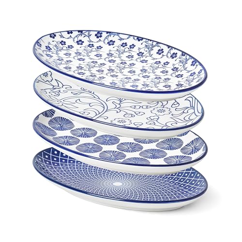 Selamica Ceramic Serving Plates, 10 Inch Oval Dinner Plates Set of 4 | Small Serving Dishes for Entertaining, Sushi, Fruit, Microwave & Dishwasher Safe, Vintage Blue - color: Vintage Blue, size: 10 Inch