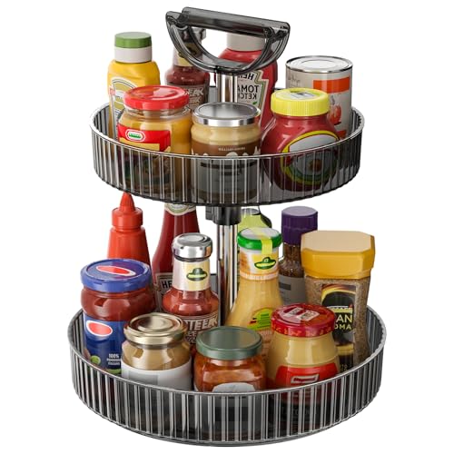 Lazy Susan Organizer – 2 Tier Rotating Spice Rack Turntable, 11.4" Plastic Spinning Organizer for Kitchen Cabinet Pantry Countertop Cupboard Bathroom Storage - size: Dark Grey