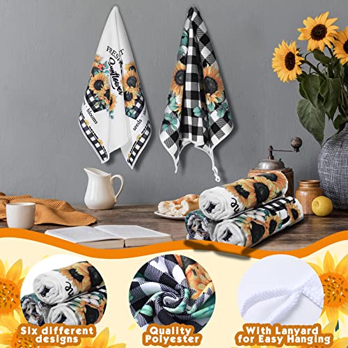 Redbaker 6 Pcs Sunflower Kitchen Towels Buffalo Plaid Dish Towels | Farmhouse Kitchen Decor Towel, Sunflower Design for Housewarming, Hand Drying, Summer Dish Cloths with Black White Plaid - style: Plaid Sunflower
