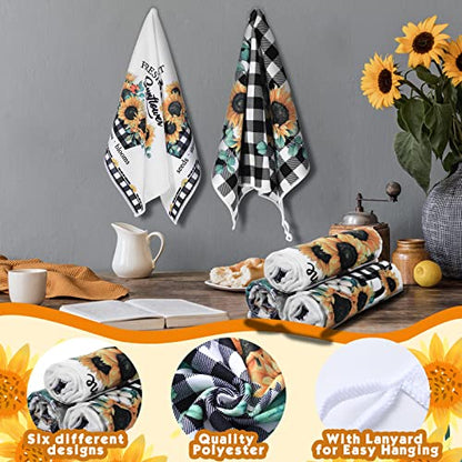 Redbaker 6 Pcs Sunflower Kitchen Towels Buffalo Plaid Dish Towels | Farmhouse Kitchen Decor Towel, Sunflower Design for Housewarming, Hand Drying, Summer Dish Cloths with Black White Plaid - style: Plaid Sunflower