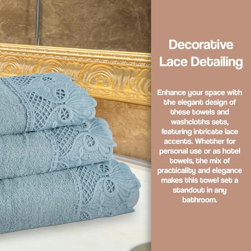 Zahari Home 3 Piece Laced Towel Set - Stylish Soft Plush Cotton Towels with Hand Towel & Washcloth - Highly Absorbent Towels for Bathroom, Gym, Hotel & Spa (Macramee Blue) - color: Macramee-blue