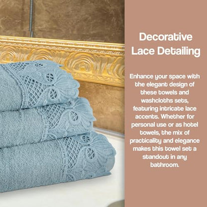 Zahari Home 3 Piece Laced Towel Set - Stylish Soft Plush Cotton Towels with Hand Towel & Washcloth - Highly Absorbent Towels for Bathroom, Gym, Hotel & Spa (Macramee Blue) - color: Macramee-blue