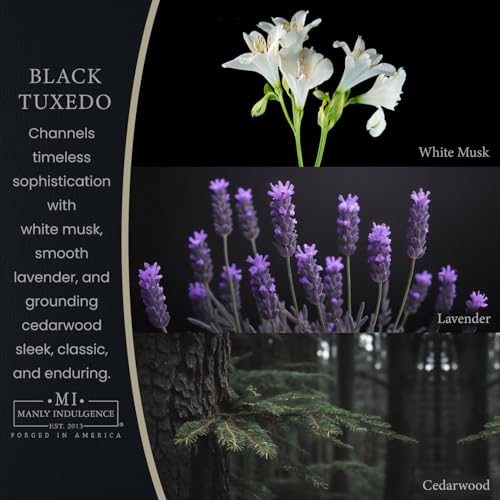 Manly Indulgence Black Tuxedo Jar Candle 16.5 oz - White Musk, Lavender, Cedarwood, Jasmine & Earthy Orris - Up to 60 Hour Burn - Soy Blend Wax, USA Poured - size: 16.5 oz - 1 Wick