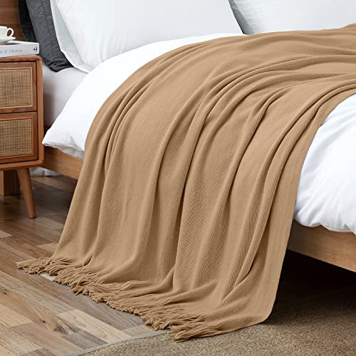 Vonty Light Brown Knitted Blanket with Tassels Fringe 50" x 60", Super Soft Knit Throw Blanket, Farmhouse Decorative Lightweight Blanket for Couch, Sofa, Bed | Super Soft And Lightweight, Year-Round Cozy Warmth, Farmhouse Decorative Style, Machine Washabl