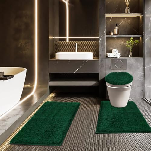 Bathroom Rugs Sets 3 Piece with Toilet Seat Cover 17.5"x 15" | Machine Washable Bath Rug Set with Tpr Non Slip Rubber Backing Solid Bath Mat Set for Luxury Bathroom Decoration - color: Dark Green, size: 17.5" x 15"+ 32" x 20"+ U 24" x 20"