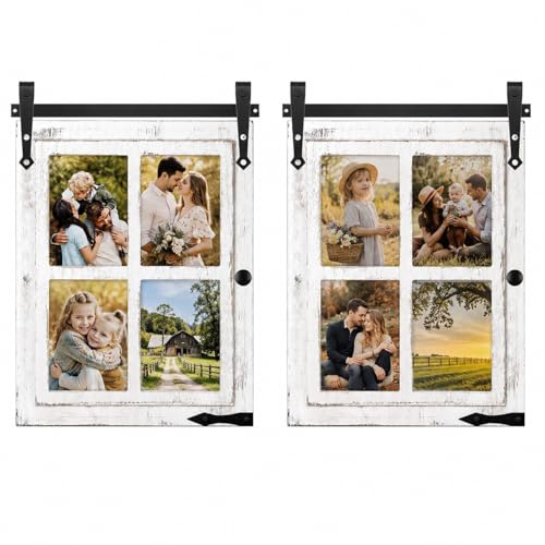 Sintuff 2 Sets Picture Frame Collage Fit 5x7 Photo Multi 4 Opening White Wooden Barn Door Window Farmhouse Picture Frame Collage for Living Room Bedroom Wall Decor - color: Distressed White, size: Fit 5x7, style: 4 Opening