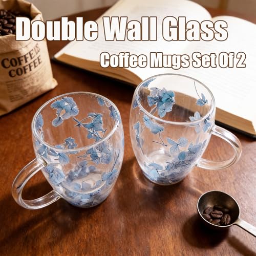 Viovian 13oz Double Wall Glass Coffee Mugs Set of 2 Insulated Glass Coffee Cups with Handles,Clear Dried Flower Tea Mug for Hot Beverages,Tea Cup Women Birthday Gifts - color: 13oz double wall glass mugs set of 2（Blue Hydrangea）