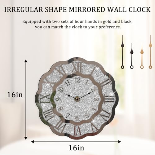 Crushed Diamond Mirrored Wall Clock Silver Modern Crystal Clocks for Bedroom Unique Home Decorative Glass Mirror Hanging Clock for Living Room Office Dining Decor - style: Wave