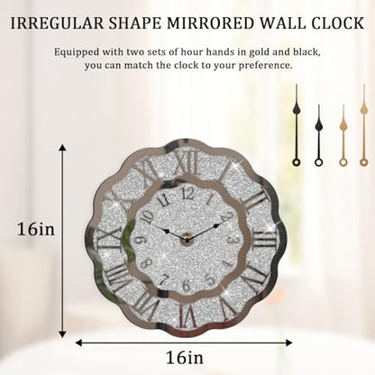 Crushed Diamond Mirrored Wall Clock Silver Modern Crystal Clocks for Bedroom Unique Home Decorative Glass Mirror Hanging Clock for Living Room Office Dining Decor - style: Wave