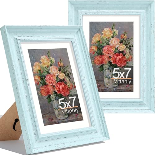 Vittanly 5x7 Picture Frames Set of 2, Vintage Photo Frames, Distressed Mint | Display 4x6 Pictures with Mat or 5x7 without Mat, Rustic Frames with Plexiglass, Farmhouse Home Decor for Wall or Tabletop - color: Distressed Mint, size: 5x7