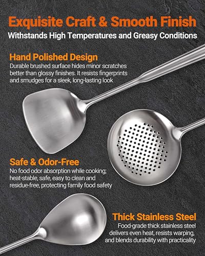 304 Stainless Steel Kitchen Utensils Set - 15PCS Long Metal Cooking Utensil Serving Utensils Set, Masher, Whisk, Turner, Serving Spoon, Fork, Tongs, Skimmer, Ladle, etc (Dishwasher Safe)