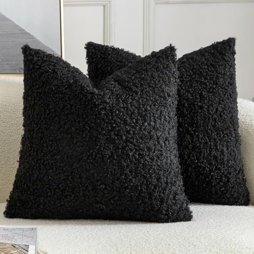Yaertun Pack of 2 Faux Fur Throw Pillow Covers Decorative Sherpa Boucle Pillow Covers Fuzzy Soft Pillowcases Sheepskin Fleece Cushion Case for Couch Sofa Bed Living Room 18x18 Inch Black - color: Black, size: 18" x 18" (Pack of 2)
