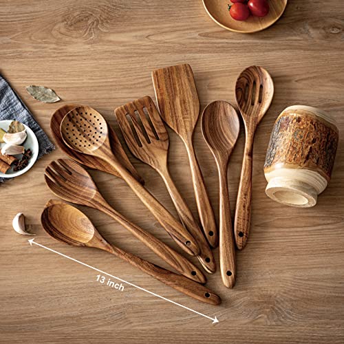 Gudamaye 13 inch Long Wooden Spoons for Cooking,Wooden Utensils for Cooking with Utensils Holder,9 PCES Wooden Kitchen Utensils Set with Utensils Holder and Spoon Rest,Natural Teak Wooden Spoons Set - size: 9 PCS with Holder