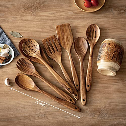 Gudamaye 13 inch Long Wooden Spoons for Cooking,Wooden Utensils for Cooking with Utensils Holder,9 PCES Wooden Kitchen Utensils Set with Utensils Holder and Spoon Rest,Natural Teak Wooden Spoons Set - size: 9 PCS with Holder