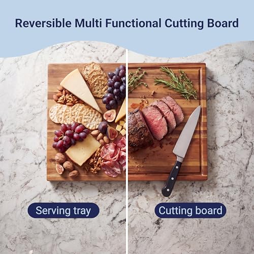 happimess Eldridge Small 14" x 10" Acacia Cutting Board, Brown | Handcrafted, 1 Inch Thick, Reversible Design, Juice Grooves, Authentic Wood Grain, Rectangular, Farmhouse Style - color: Brown, size: 14"L x 10"W