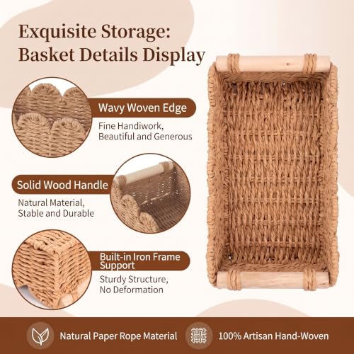 2 Pcs Toilet Paper Storage Basket with Wood Handles, Bathroom, 2Pcs | Scalloped Edge Paper Rattan Bathroom Basket, Over-The-Toilet Storage Organizer for Shelf, Countertop, Modern Farmhouse Decor