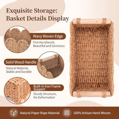 2 Pcs Toilet Paper Storage Basket with Wood Handles, Bathroom, 2Pcs | Scalloped Edge Paper Rattan Bathroom Basket, Over-The-Toilet Storage Organizer for Shelf, Countertop, Modern Farmhouse Decor