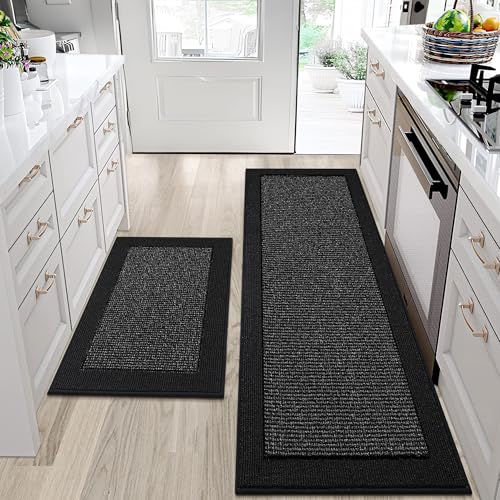 BEQHAUSE Kitchen Rugs Set of 2, Non Slip Washable, 24"x36"+24"x60", Black | Kitchen Mats for Floor, Extra Absorbent and Stain Resistant Kitchen Runner Rugs for Laundry, Entryway, Hallway & Sink - color: Black, size: 24"x36"+24"x60" (Rectangular)