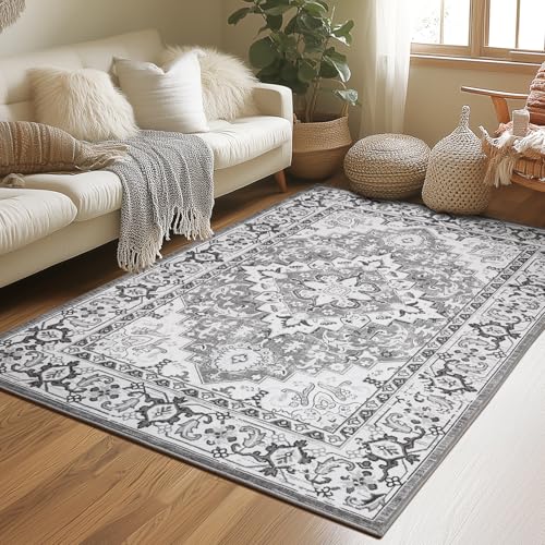 3 x 5 Area Rugs for Living Room, Machine Washable Boho Carpets Grey | Faux Wool Rug for Entryway Bedroom, Floral Medallion Vintage Rugs with Non-Slip Rubber, 0.25inch Low Pile Kid & Pet Friendly - color: Grey Beige, size: 3' x 5' (Rectangular)