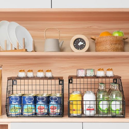 Mefirt Fruit Basket, Stackable Wall Mounted Fruit Baskets, Potato Baskets Onion Storage for Kitchen, Hanging Wire Basket with Wood Lid, 2-Tier Vegetable Organizer Kitchen Countertop Organization | Hanging Potato Basket Wire Basket with Wood Lid, 2-Tier Ve
