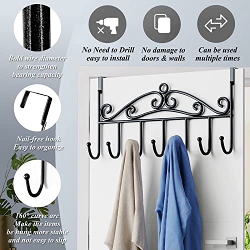 Youdepot Over The Door Hook - 7 Hooks, Black Coat & Towel Rack | for Bathroom, Clothes, Belts, Hats, Towels, with Door Hanger, Bathroom Clothes, Bathroom Clothes Belts, Clothes Belts Hats