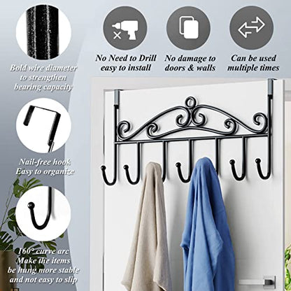 Youdepot Over The Door Hook - 7 Hooks, Black Coat & Towel Rack | for Bathroom, Clothes, Belts, Hats, Towels, with Door Hanger, Bathroom Clothes, Bathroom Clothes Belts, Clothes Belts Hats